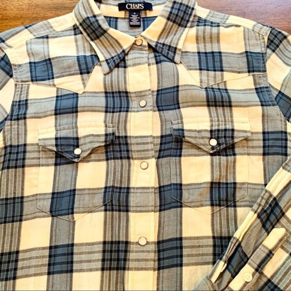Chaps Pearl Snap Western Blue Plaid Button Down Flannel Shirt M - Picture 5 of 11